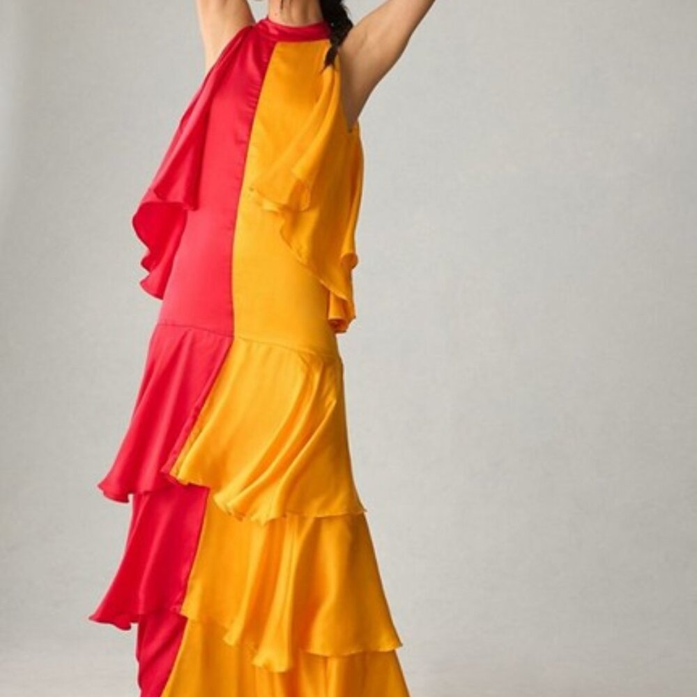 Anthro Pinnacle Colorblock Halter Maxi Dress Pink Orange NWT XXS